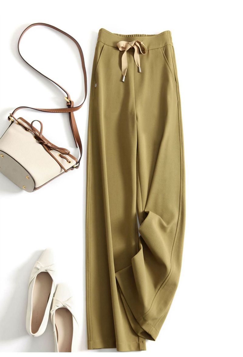 Women's Clothing Plaid Temperament Commuting Beltless High Waist Drawstring Loose Yellow Trousers Wide Leg Pants_voghion.com