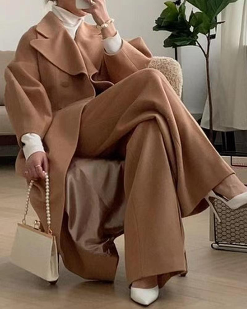 Manteau en laine pour femmes, coupe-vent intellectuel, poche, revers, couleur unie, manches lanternes, nouvelle collection hiver_voghion.com