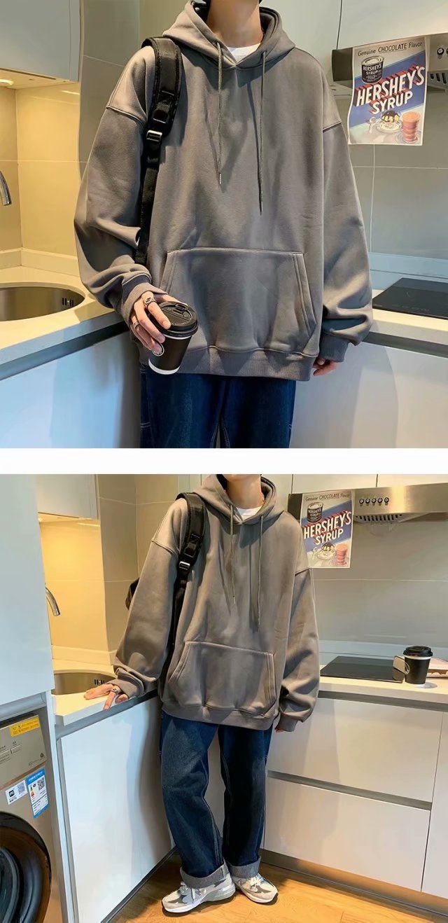 Felpa con cappuccio da uomo in tinta unita, top da uomo, ampio, da strada, cappotto taglie forti_voghion.com