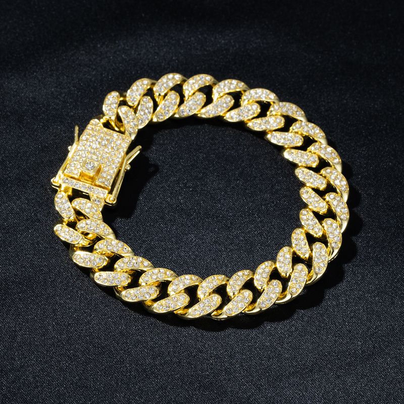 Bracciale a catena cubana con maglie cubane a griffe, stile hip hop, da uomo e da donna, con 2 file di strass, da 13 mm, ghiacciato, con pavé di Miami e rombi._voghion.com