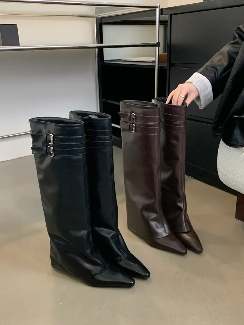 Spitzschuh Damen Winterstiefel Keil High Heels Gürtelschnalle Schwarz Braun PU Leder Botas Fashion Abendschuhe Frau 39_voghion.com