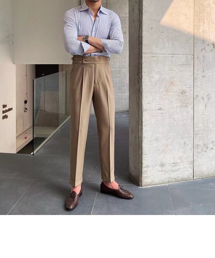 Herrenbekleidung Einfarbige Neun-Punkt-Hose mit hoher Taille Temperament Lässige Business-Hose mit italienischen Pariser Knöpfen Herrentrend_voghion.com