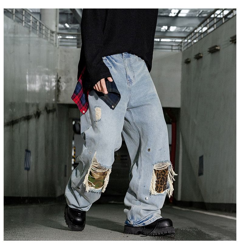 Men's Patchwork Distressed Jeans - American Vintage Wide-Leg Denim Pants With Removable Patches_voghion.com