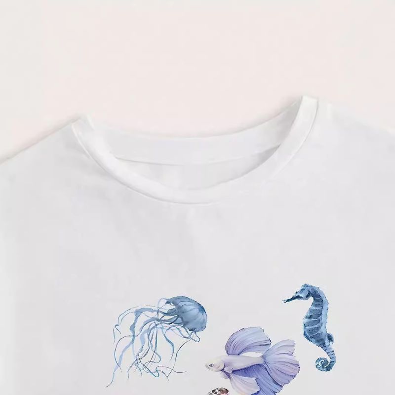 T-shirt décontracté à col rond et imprimé biologie marine pour femme, style années 2000, col rond, polyvalent, été_voghion.com
