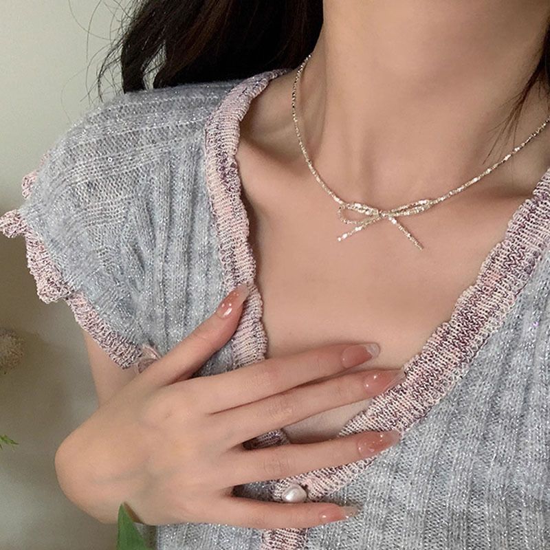 Collana con fiocco spezzato in argento puro per donna, Instagram, design unico, dolce e semplice, girocollo corto_voghion.com