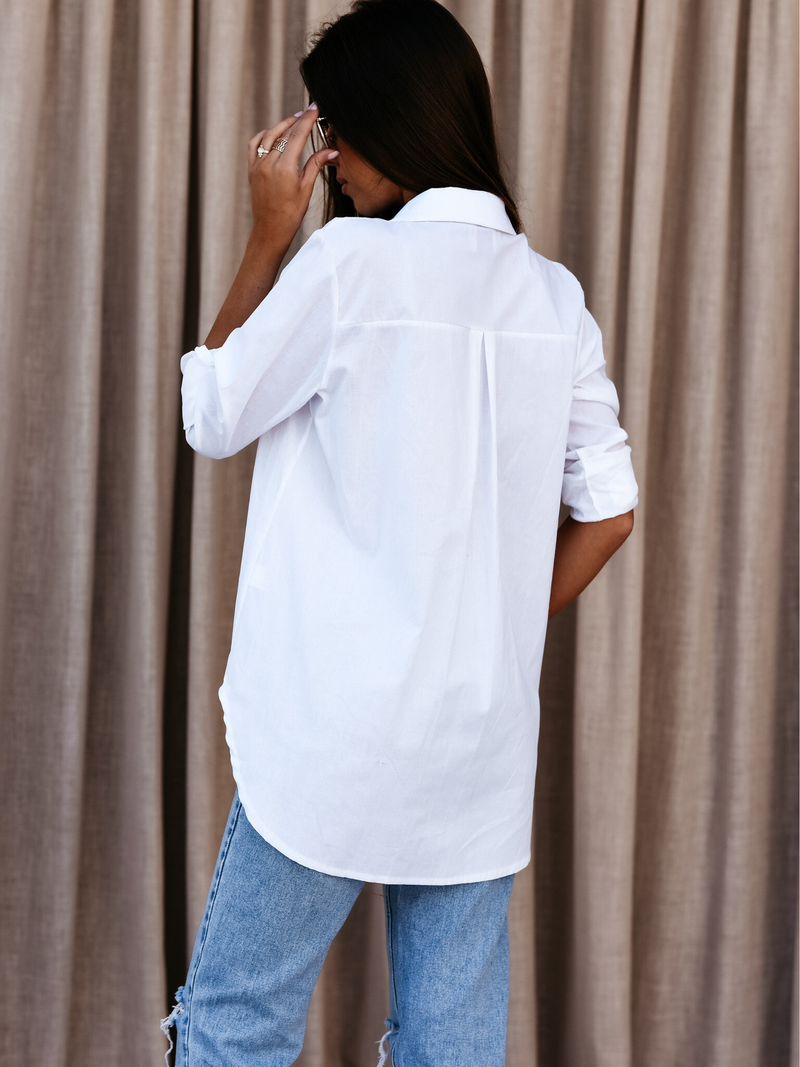 Camicia abbottonata semplice con scollo a V a maniche lunghe autunnale da donna_voghion.com