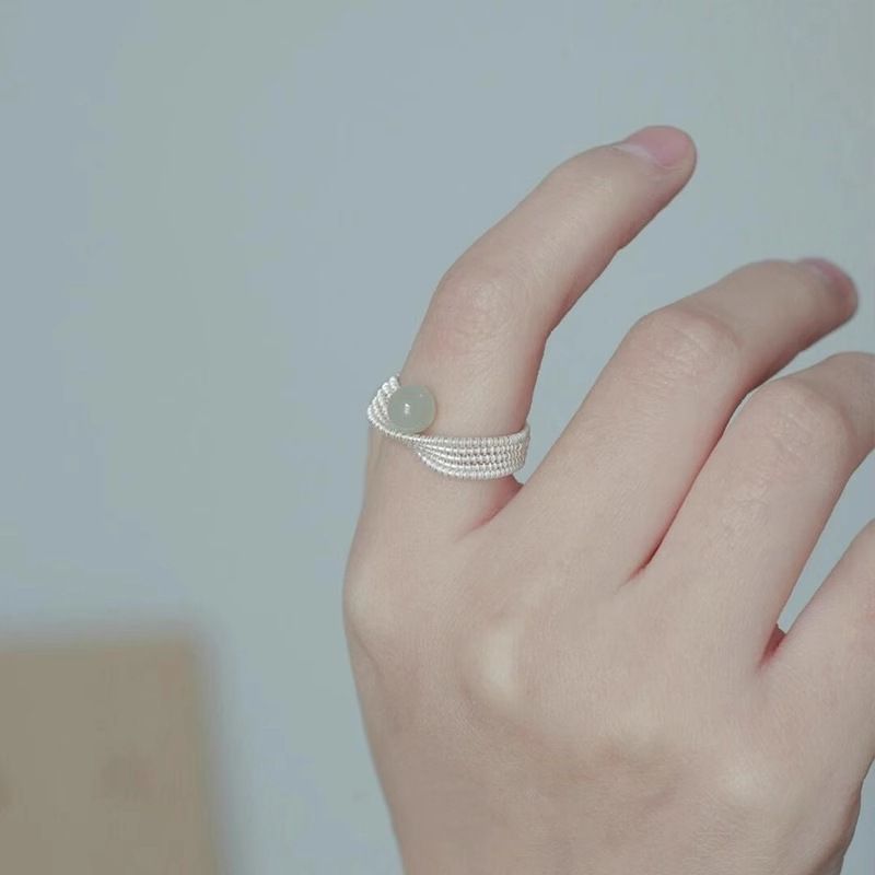 Perlina di giada intrecciata per donna, design di nicchia, lusso leggero, sensazione di alta qualità, anello per indice, anello in stile nazionale_voghion.com