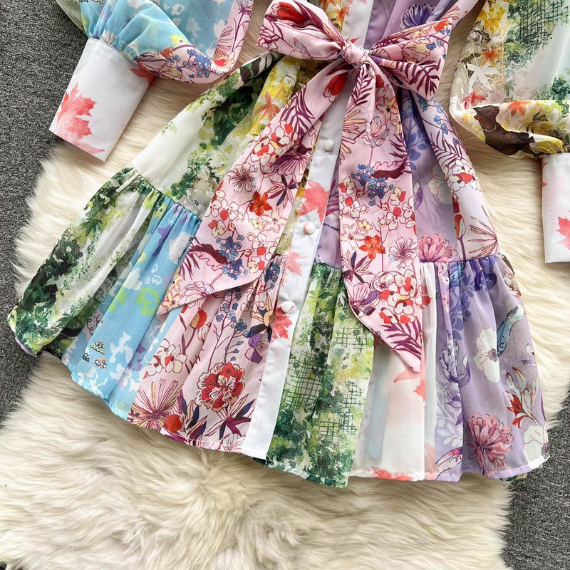 Women's Ins Lazy Holiday Style Loose Chiffon Printed Ruffled Pleated Dress With Large Hem_voghion.com