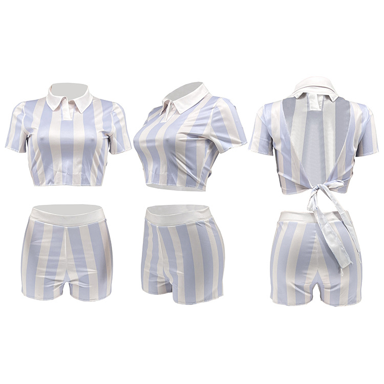 Ensemble deux pièces sexy dos nu à lacets imprimé rayé à la mode estivale pour femmes_voghion.com