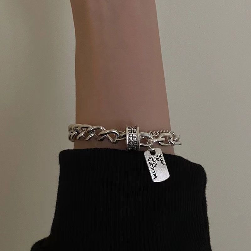 Hip Hop Trendy Cool Vintage Square Bracelet Women Ins Simple Niche Cold Style Personality Design Double Layer Hand_voghion.com