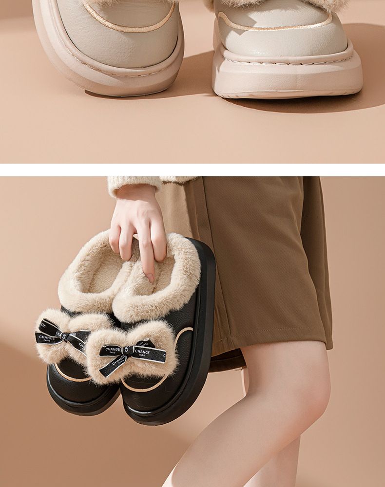 Wasserdichte Plüsch-Hausschuhe mit Schleife für Damen und Herren – gemütliche, mit Fleece gefütterte Hausschuhe für drinnen und draußen für den Winter (Khaki/Pink/Schwarz/Grün)_voghion.com