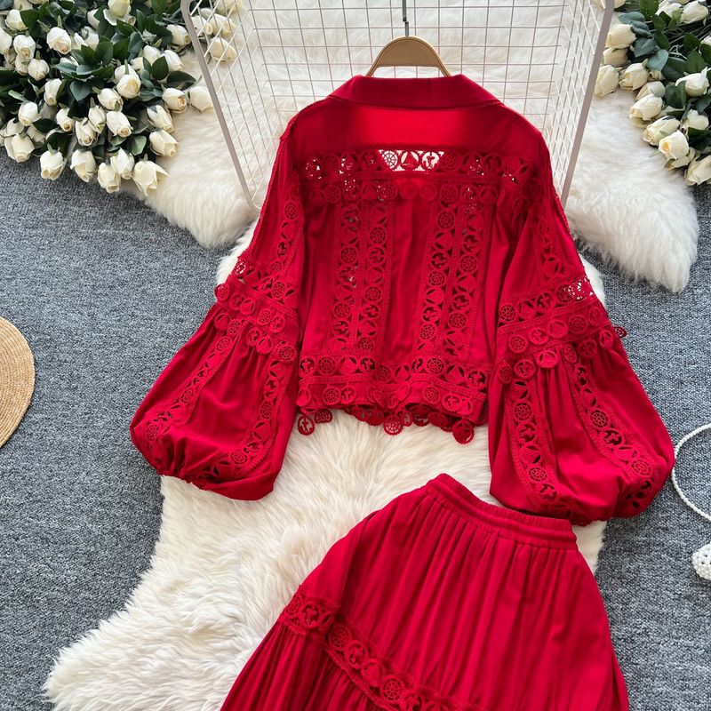 Women's Clothing Palace Style Two Piece Suit For Women Temperament Short Lapel Lantern Sleeve Top + High Waist Lace Patchwork Skirt_voghion.com
