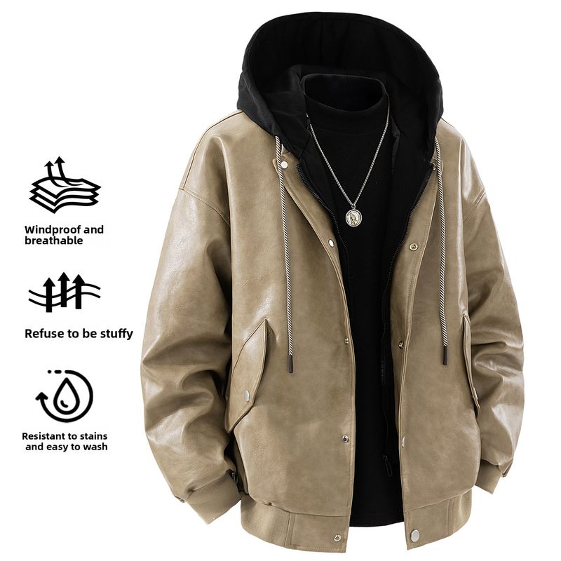 Veste en simili cuir PU à capuche deux pièces pour homme, style cycliste et moto, style rétro américain nostalgique coréen_voghion.com