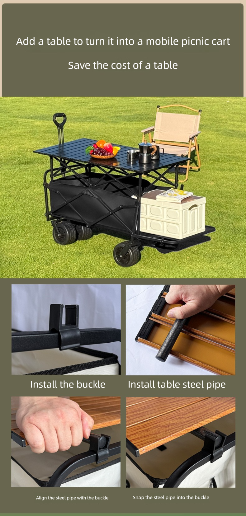Sedia pieghevole da esterno con apertura posteriore per bambini, reclinabile da campeggio con tavolo regolabile e piccolo carrello a spinta_voghion.com