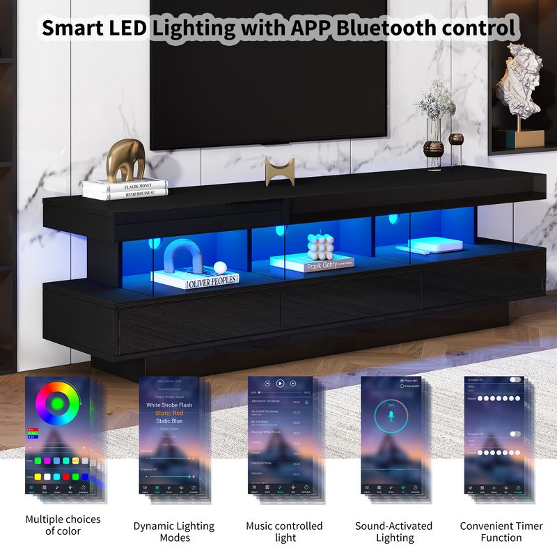 Meuble TV noir brillant 160 x 38 x 50,5 cm avec 3 étagères en verre, éclairage LED, contrôle par application et connectivité Bluetooth pour téléviseur 70 pouces._voghion.com