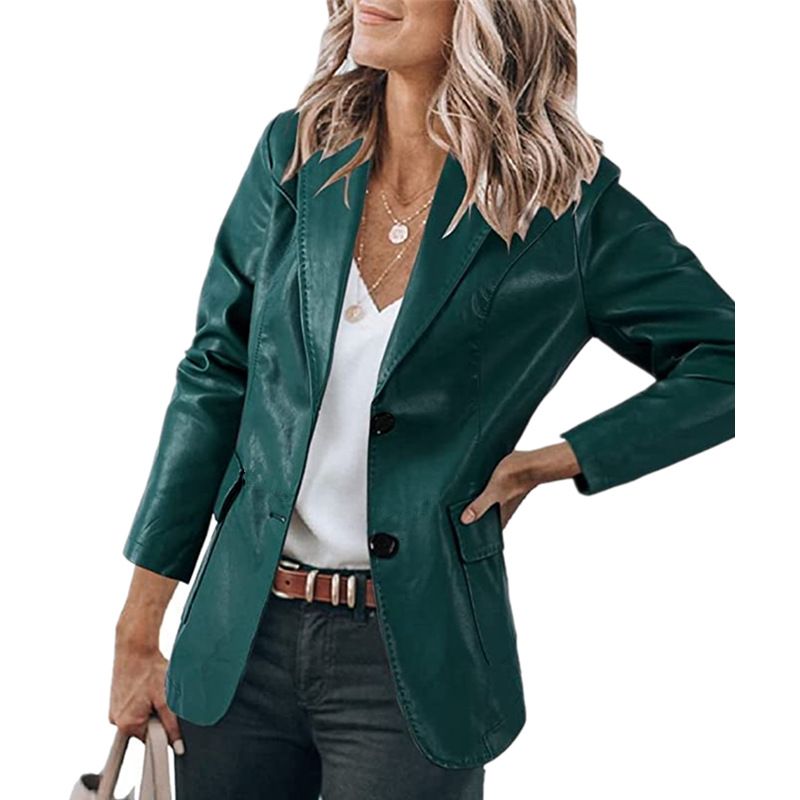 Elegant Faux Leather Blazer For Women - Slim Fit Notched Lapel Single-Breasted Long Sleeve Jacket In Classic Colors_voghion.com