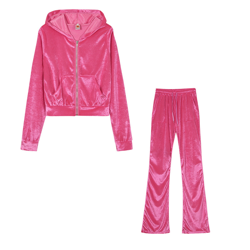 Women's Clothing solid color multi-color casual gold velvet pocket hooded zipper sweatshirt wide leg pants two-piece set for women_voghion.com