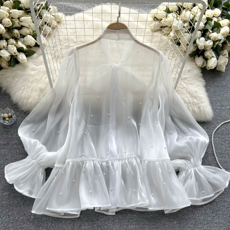 Women's High-end Niche Design Beaded Bow Bell Sleeve Autumn Women's Ladylike Shirt_voghion.com