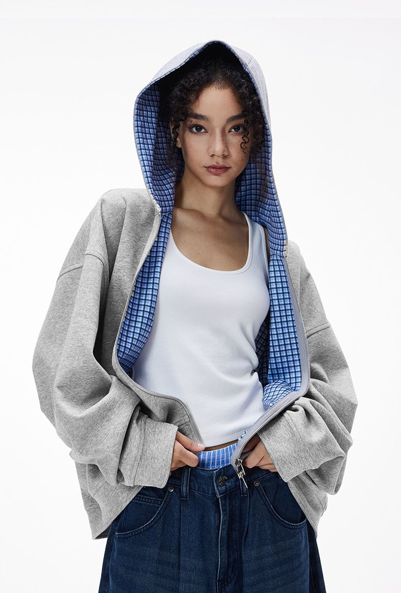 Abbigliamento da uomo Jie Zhan | Giacca bicolore a quadri squadrati 25 Autunno Nuovo Felpa con cappuccio casual corta da coppia_voghion.com