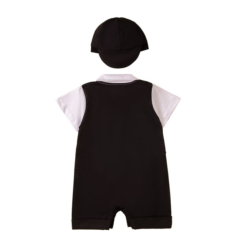 SAMGAMI BABY Ensemble trois pièces pour garçon, version coréenne, barboteuse à manches courtes, gilet et chapeau, blanc, nœud papillon, bretelles_voghion.com
