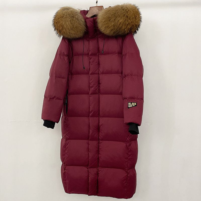 Abbigliamento da donna Cappotto in piumino d'oca Premium Gold Parka lungo extra caldo con cappuccio in pelliccia staccabile Soprabito invernale con lussuosa rifinitura in pelliccia di volpe/procione_voghion.com