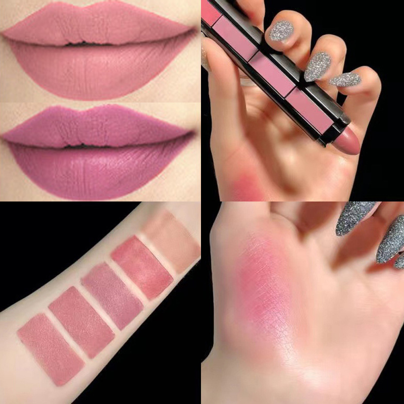 Tienda de cuidado de belleza Lápiz labial combinado de 5 colores, resistente al agua, 5 secciones, mate, Veet, brillo labial antiadherente de larga duración, Lipsti sti_voghion.com