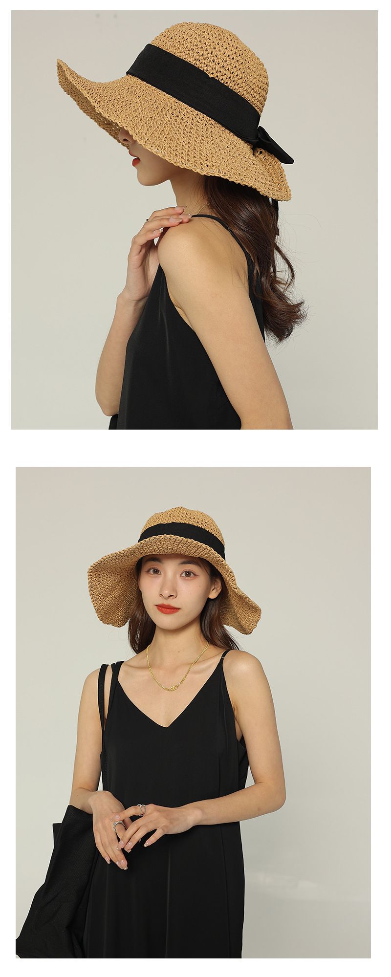 Instagram-Strohhut für Damen, Sommer, faltbarer Strandhut für Damen im Urlaub, Sonnenschutzhut mit Schleife, große Krempe, dünner, atmungsaktiver Strohhut_voghion.com