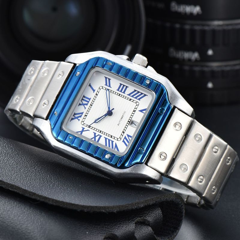 Men's Stainless Steel Square Analog Quartz Watch With Date Display, Business Casual Timepiece, 40.5mm Case, Butterfly Clasp_voghion.com