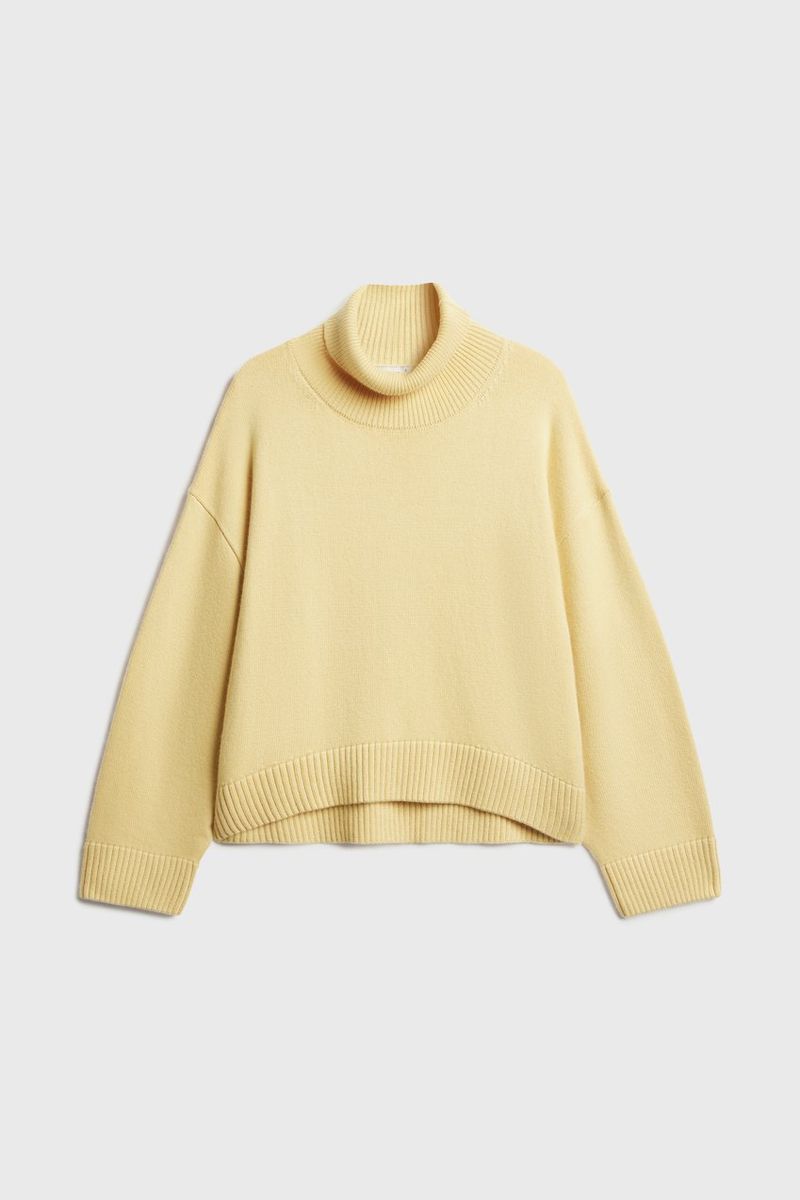 Gemütlicher, übergroßer Strickpullover mit hohem Halsausschnitt für Damen – weiche Viskosemischung, lässiger, lockerer Schnitt, kurzer Cropped-Stil (Pink, Zitronengelb, Kaffee)_voghion.com