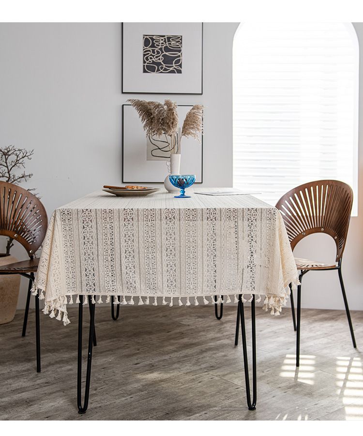 Holle witte kanten tafelkleed, katoenen en linnen stoffen decoratie achtergrond tafelkleed salontafel kwastje hoes handdoek_voghion.com