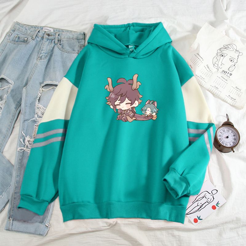 2024 Frühling und Herbst Farbblock High-End-Cartoon Anime Neues cooles Internet-Promi-Langarm-Sweatshirt_voghion.com