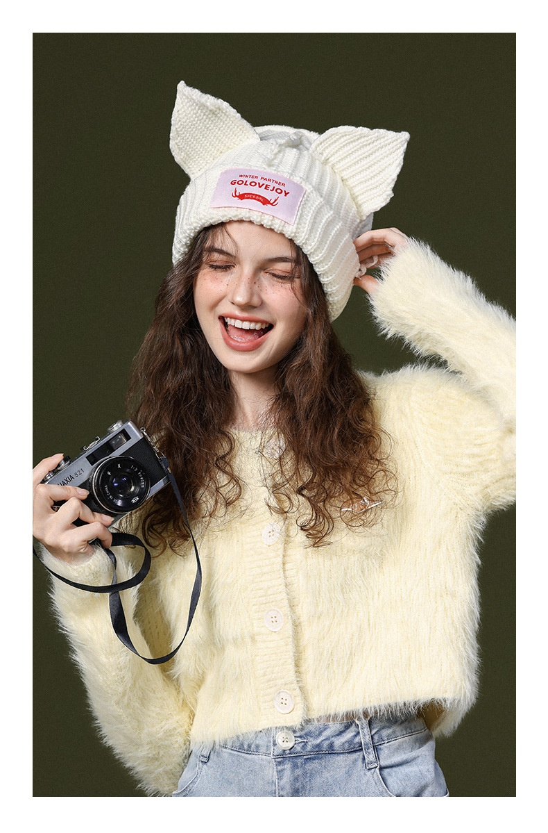 Lavorato a maglia di lana autunnale e invernale per stare al caldo, uscire, mostrare strisce sottili, orecchie di gatto carine (pane a forma di orecchio di gatto al vapore),_voghion.com