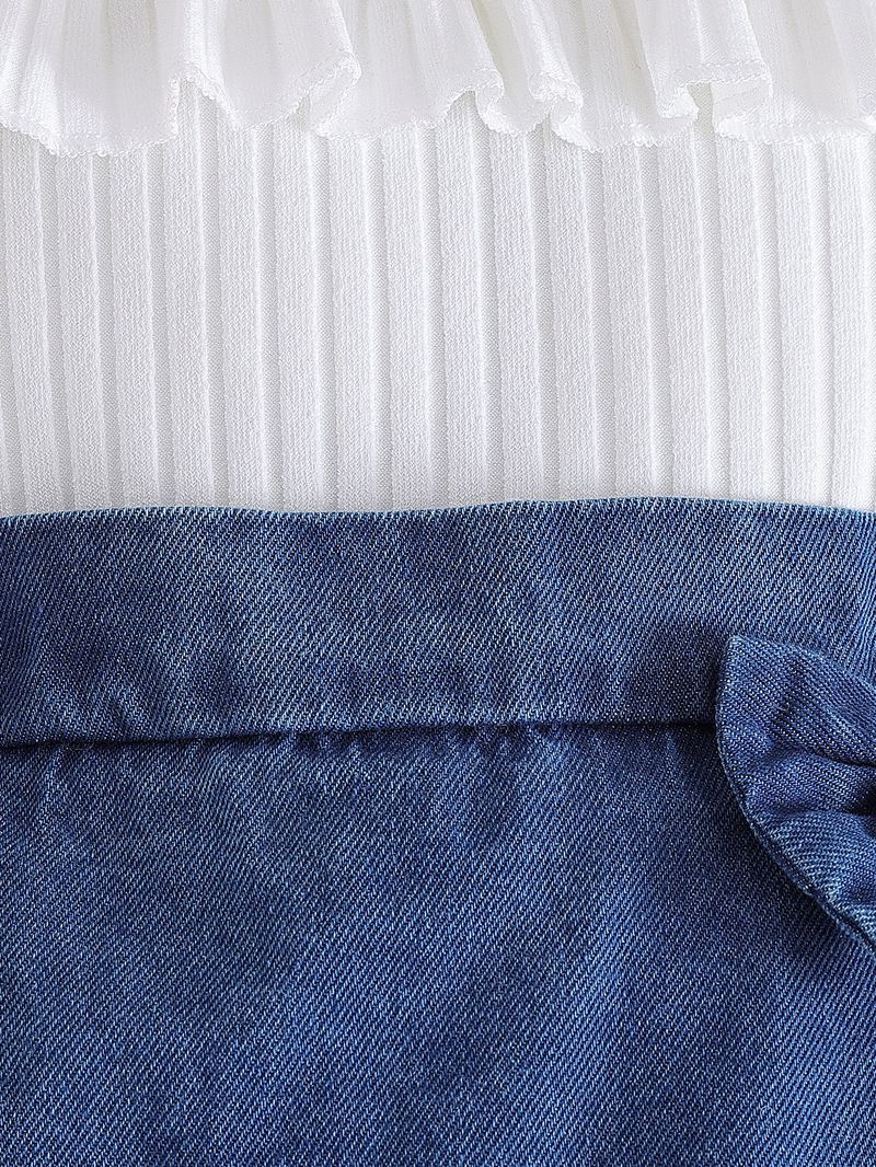 Completo composto da top in maglia con collo alto e gonna in denim con perline per bambine – Completo invernale comodo per bambine (4-7 anni, bianco)_voghion.com