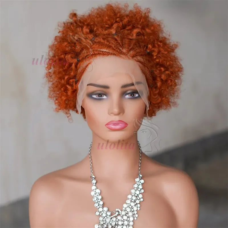 Afro Kinky Curly žmogaus plaukų perukas su kasytėmis 13x4 permatomas nėriniuotas priekis trumpas Bob perukas moterims_voghion.com