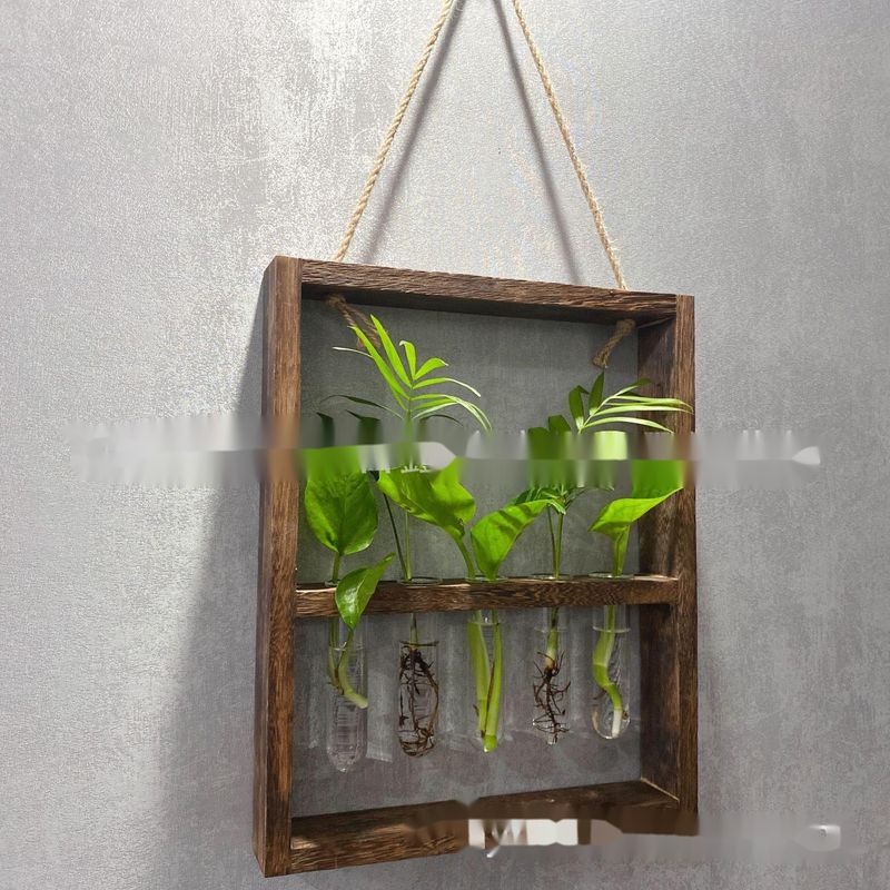 Jarrón hidropónico colgante con marco de madera y tubo de ensayo de vidrio para pared, creativo, estilo Ins, decoración sencilla para el hogar_voghion.com