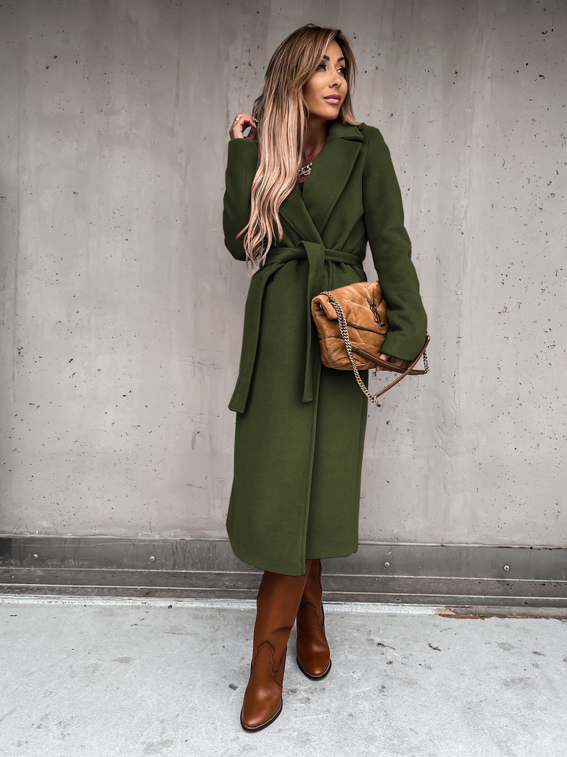 Damen-Trenchcoat aus Wolle mit einfarbigem Revers und langen Ärmeln und schlichter Schnürung_voghion.com
