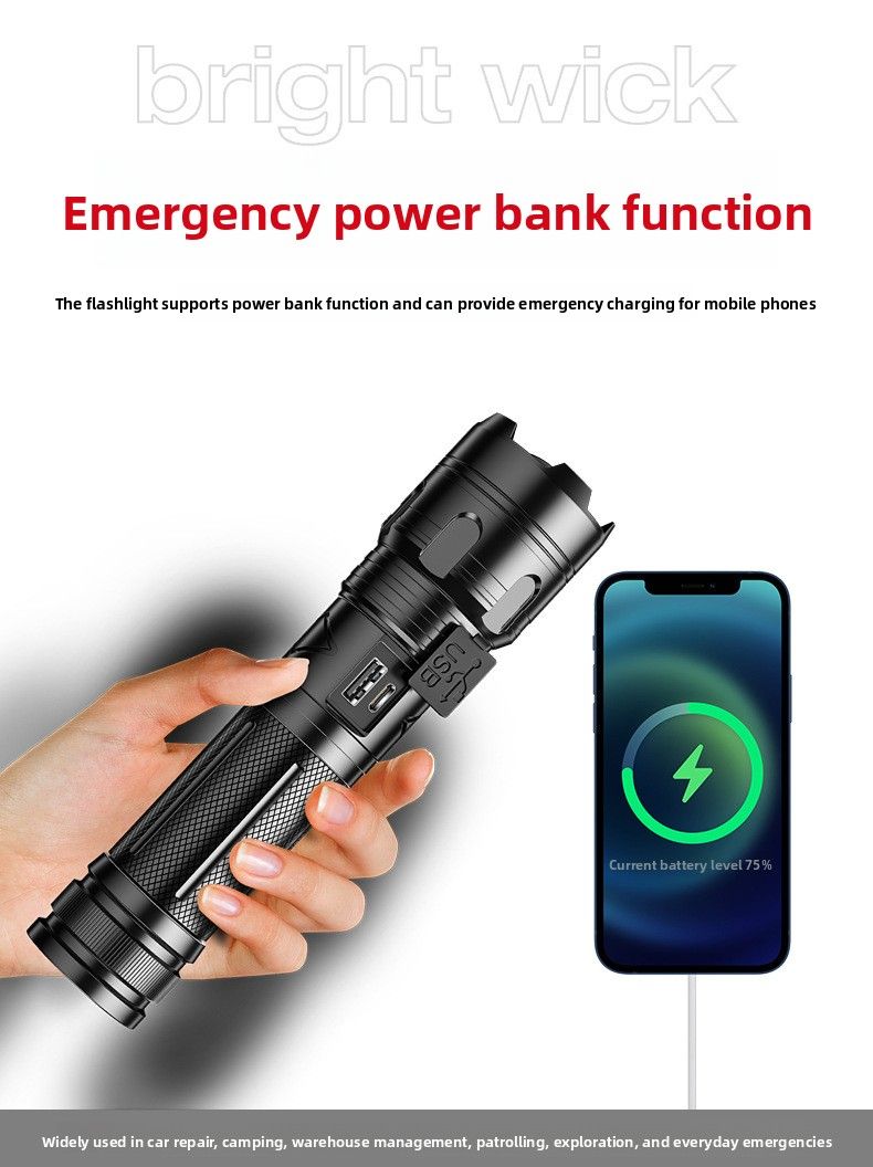 Outdoor-Zoom-Notfall-Taschenlampe mit starkem Licht, tragbar, wiederaufladbar, multifunktional, weißer Laser_voghion.com