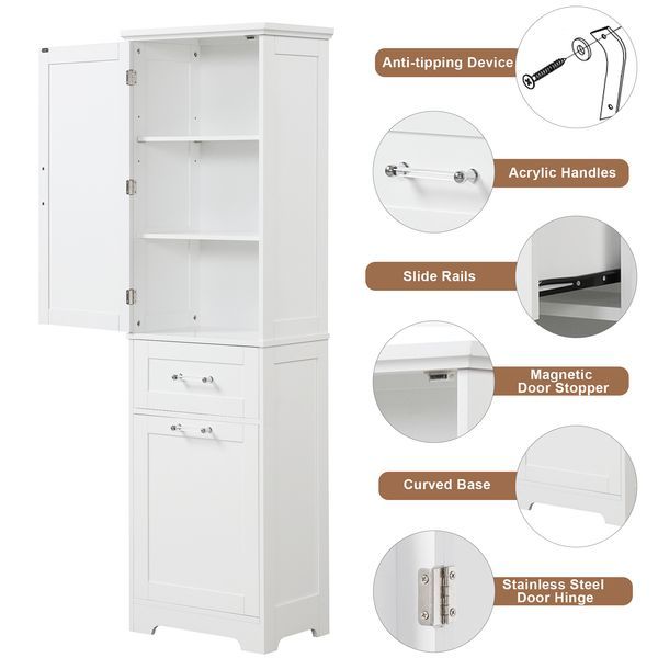 Tall Bathroom Storage Cabinet, Freestanding Storage Cabinet With Two Different Size Drawers And Adjustable Shelf, MDF Board With Painted Finish, Whi_voghion.com