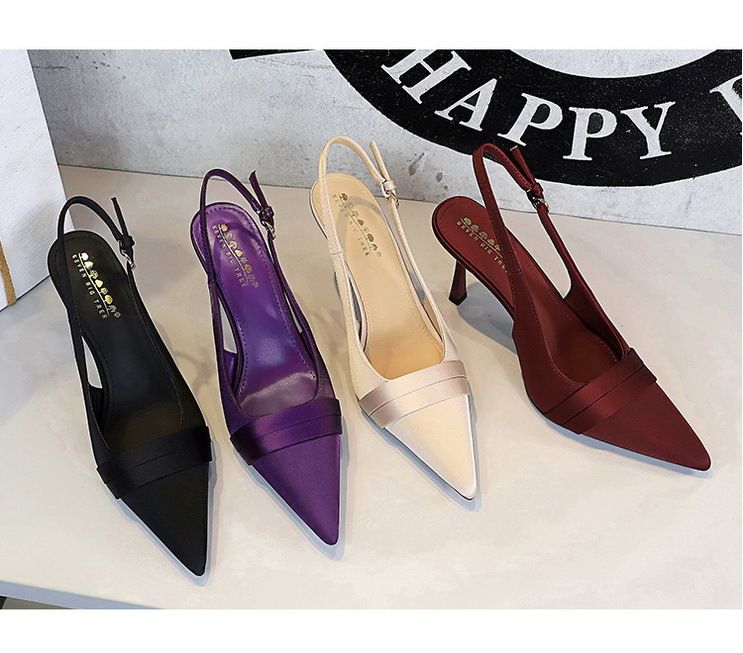 Pointed Satin Stiletto High Heels Hollowed-out Back Strap Sandals_voghion.com