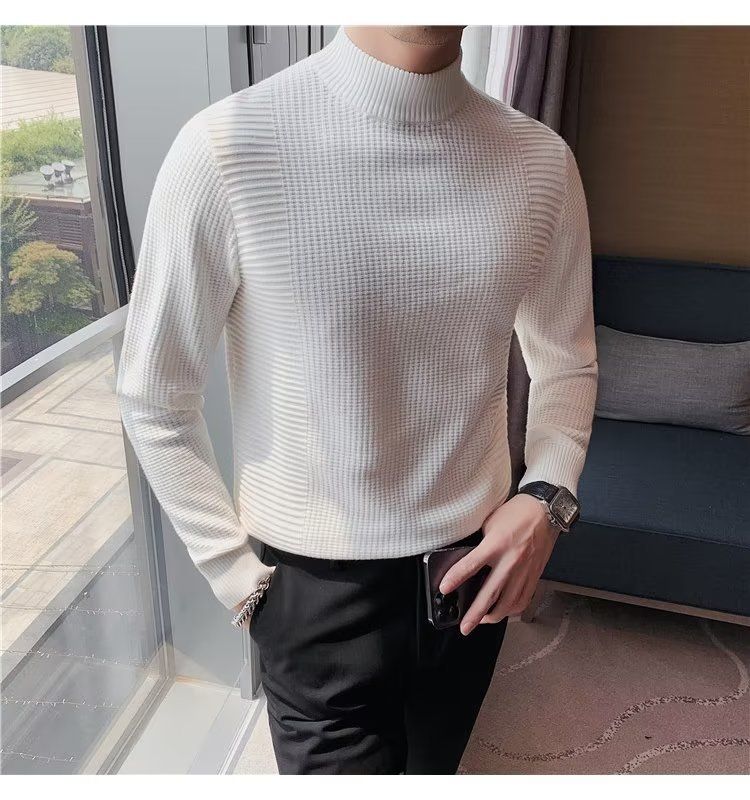 Herrenbekleidung Herren-Basispullover Frühling und Herbst neuer Slim Fit-Pullover mit mittlerem Halsausschnitt im koreanischen Stil mit halbhohem Kragen_voghion.com