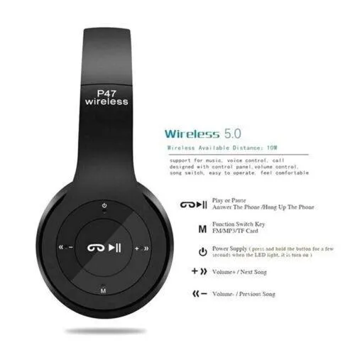 Auriculares inalámbricos Bluetooth estéreo con graves, plegables, con micrófono, radio FM, reproducción de tarjeta TF_voghion.com