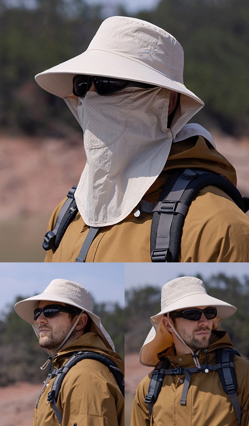 Moda Xioguan 100% poliestere 4 primavera/estate maschera da pescatore all'aperto, cappello di protezione, cappello da sole a scialle a tesa larga_voghion.com