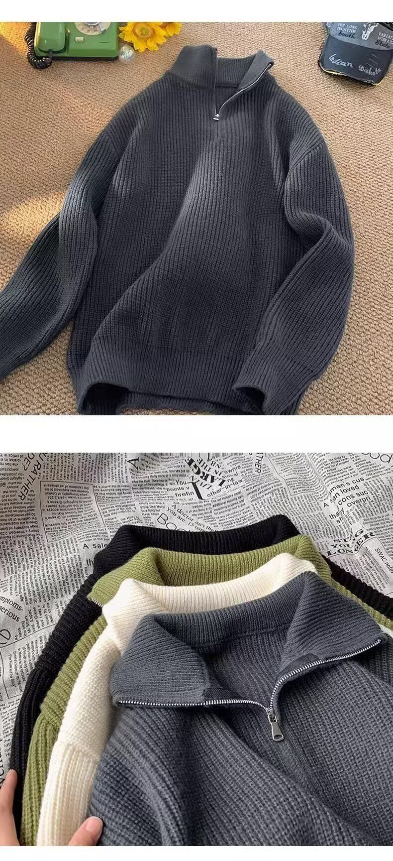 Suéter masculino de gola alta com zíper e meio zíper, novo suéter de malha de cor sólida para inverno, estilo preguiçoso, jaqueta casual para combinar_voghion.com