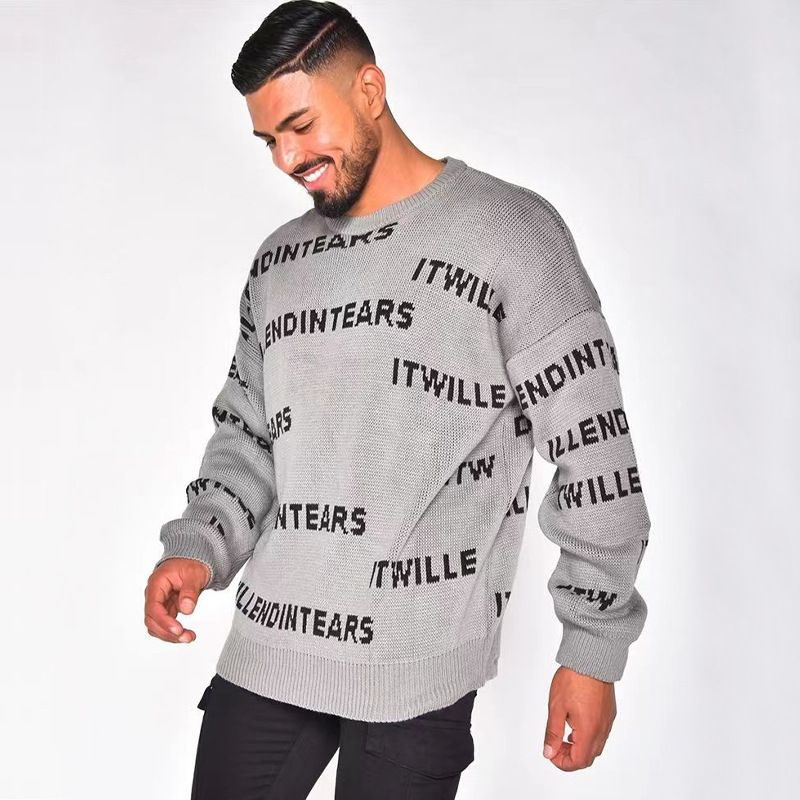 Men's Knit Letter American High Street Leisure Round Neck Loose Soft Waffle Pullover Top Men_voghion.com