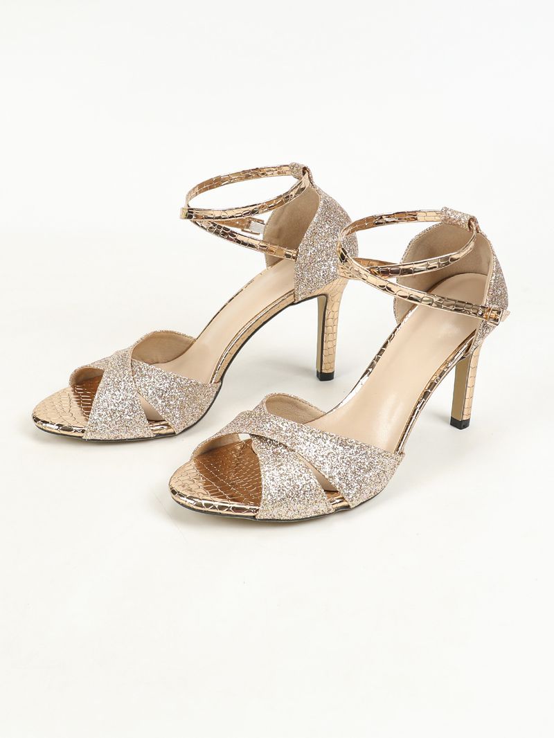 Dam Nya Glitter Korsade Ankelrem Rund Tå Stilettosandaler Moderiktiga Festklackar_voghion.com
