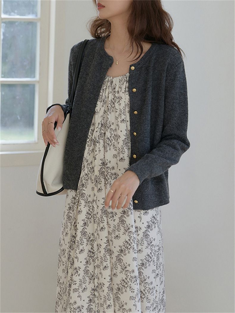 Cardigan lavorato a maglia con scollo rotondo e bottoni dorati, da donna, coreano, delicato, autunno 2024, casual, basico, giacca_voghion.com