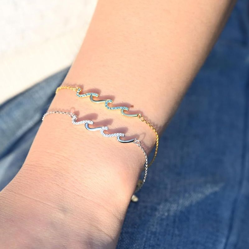 Bracciale in argento sterling S925 con linee ondulate e diamanti, gioielli semplici per le mani femminili_voghion.com