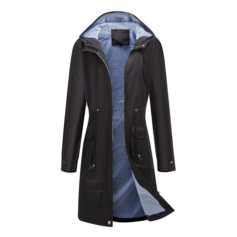 Trench casual da donna K Long con cappuccio, impermeabile, tinta unita con fodera a righe, cappotto dritto._voghion.com