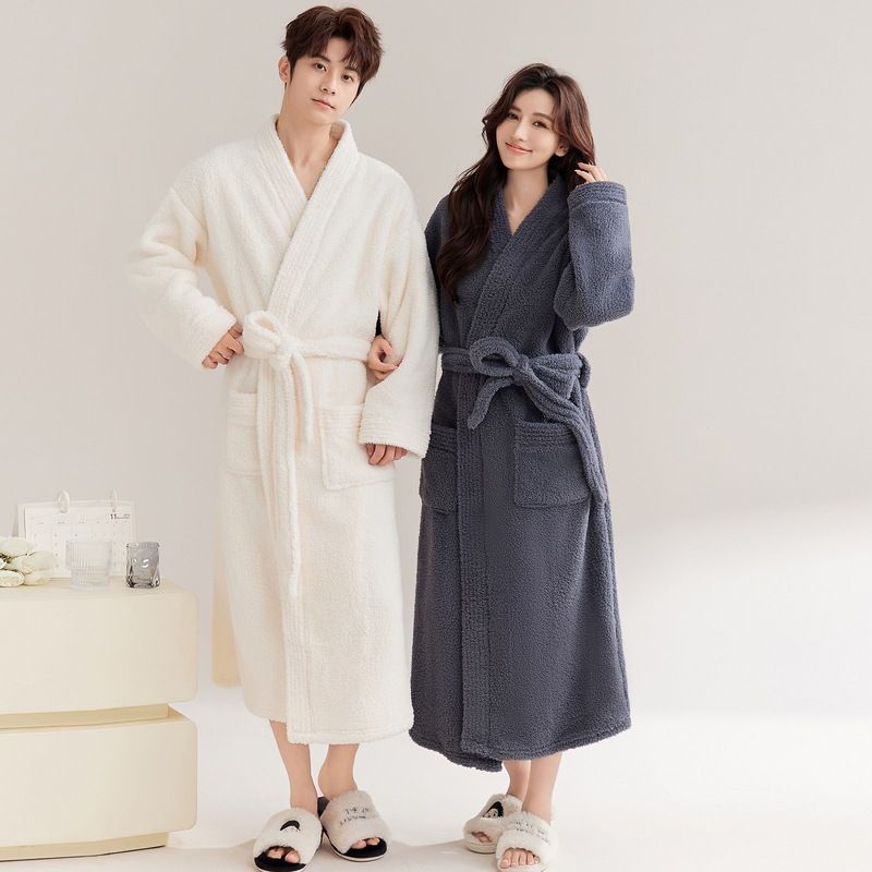 Camicia da notte estesa ispessita da donna, accappatoio termico in flanella, pigiama da uomo in pile corallo_voghion.com