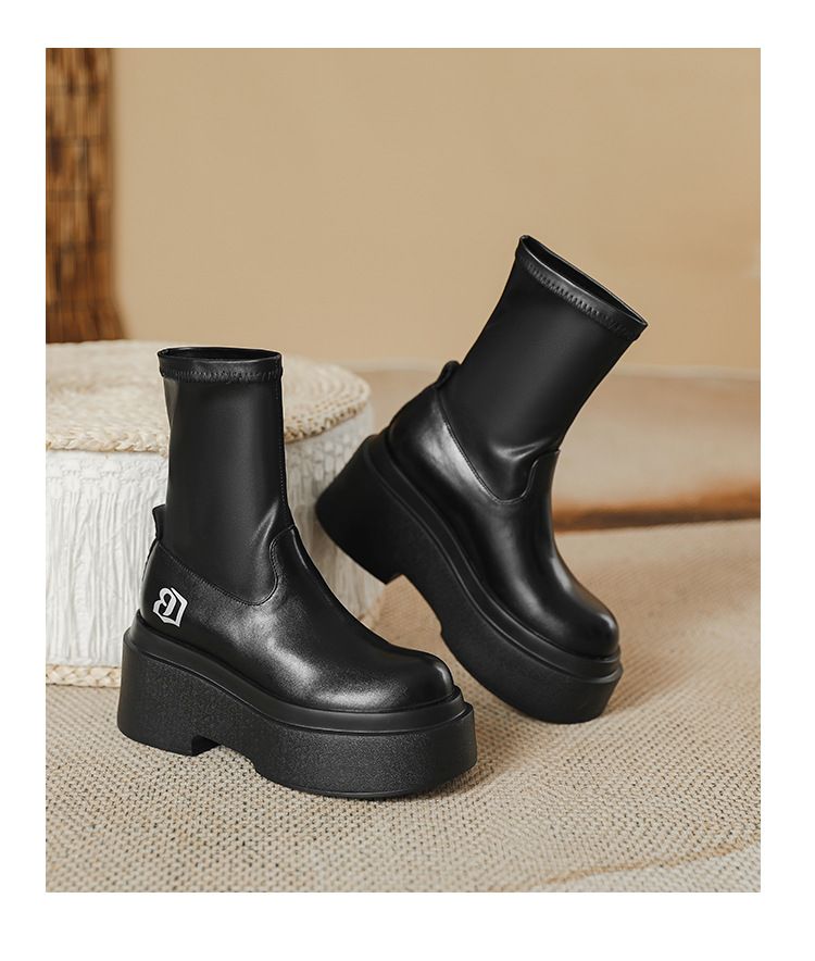 Women's Shoes Autumn And Winter Boots Internet Celebrity Thick Soled Platform Elastic Boots Small Height Enhancing Slim Boots Thick Leg Short Boots_voghion.com